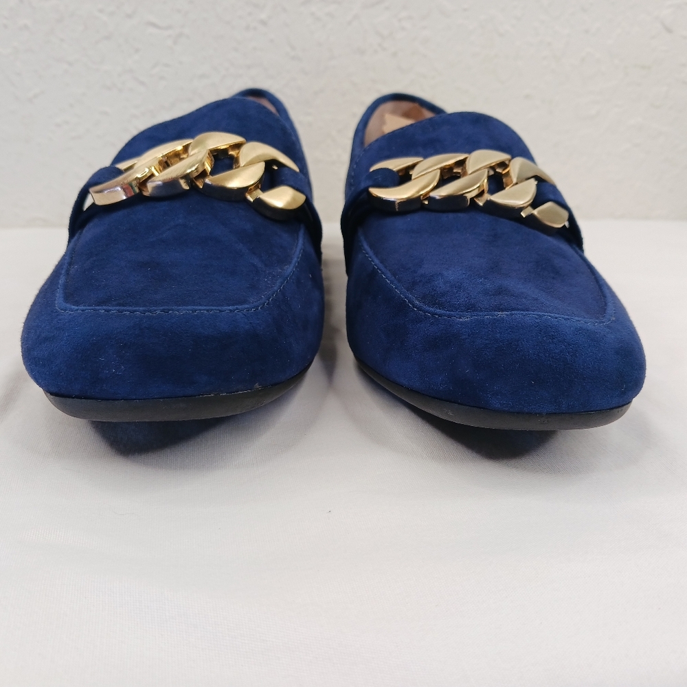 Slip On Loafers Shoes 7 Adrienne Vittadini Blue Suede Gold Chain Detail - Picture 6 of 11